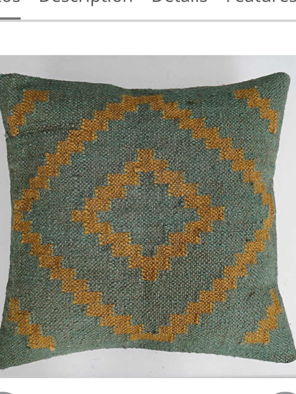 Decorative Indian Vintage Jute Kilim Throw Pillow Cover SQUARE 18x18” GREEN GOLD - Picture 3 of 10